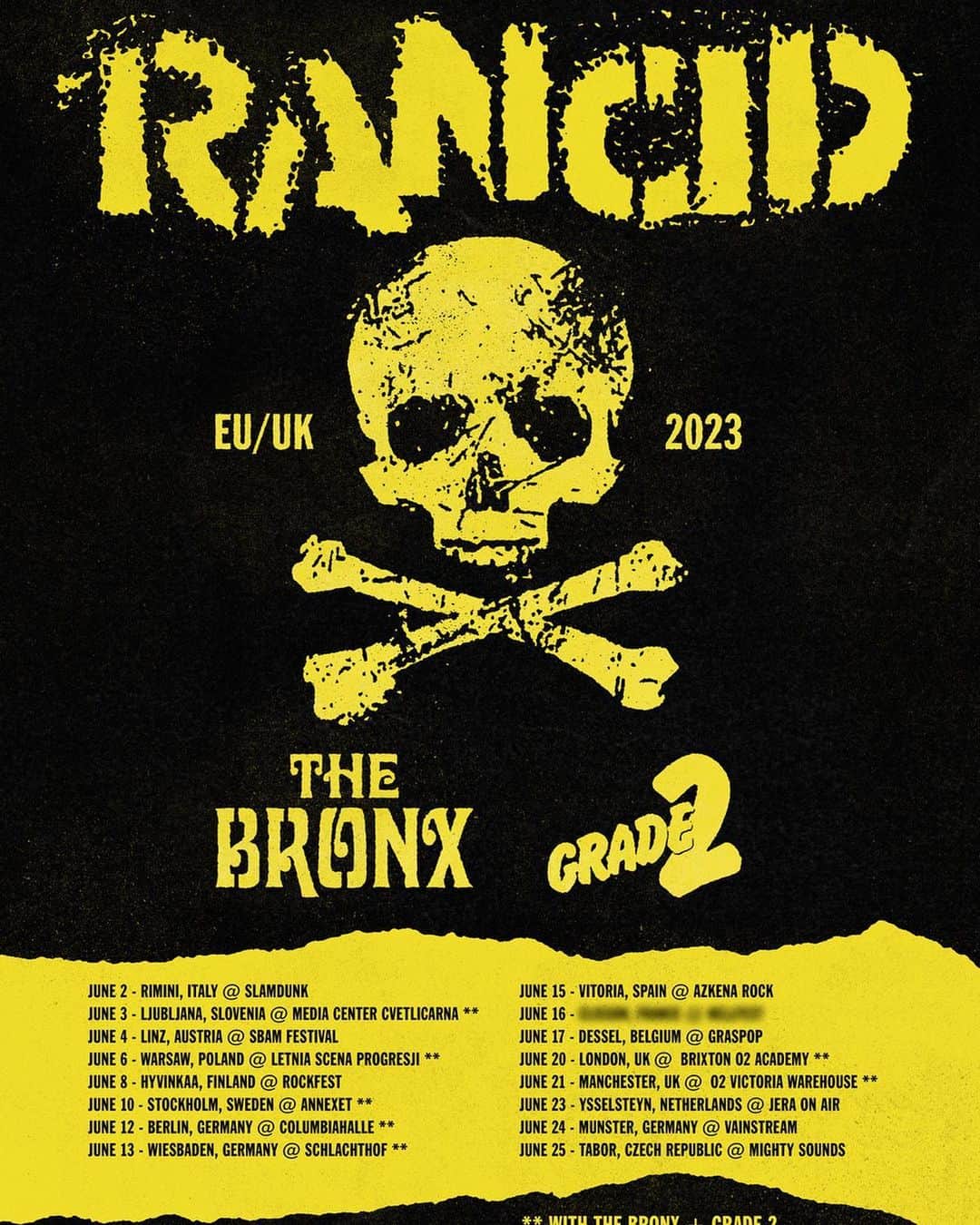 Rancidのインスタグラム：「Europe & U.K.  We are headed your way in 2023.  Festival dates and select headline shows.  Tickets for the headline shows with The Bronx and Grade 2 listed below are on-sale Friday at 10AM GMT.  www.rancidrancid.com/tour  June 3 - Ljubljana, Slovenia @ Media Center Cvetlicarna June 6 - Warsaw, Poland @ Letnia Scena Progresji June 10 - Stockholm, Sweden @ Annexet June 12 - Berlin, Germany @ Columbiahalle June 13 - Wiesbaden, Germany @ Schlachthof June 20 - London, UK @ Brixton 02 Academy June 21 - Manchester, UK @ 02 Victoria Warehouse」