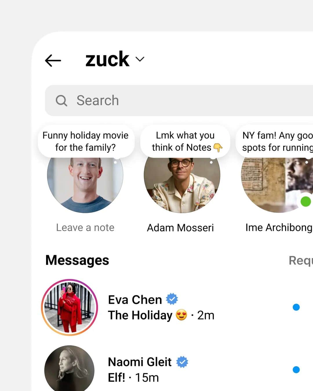 マーク・ザッカーバーグのインスタグラム：「Introducing Notes on Instagram -- a new space to share thoughts, ask questions, or post a status right above your DM inbox.」