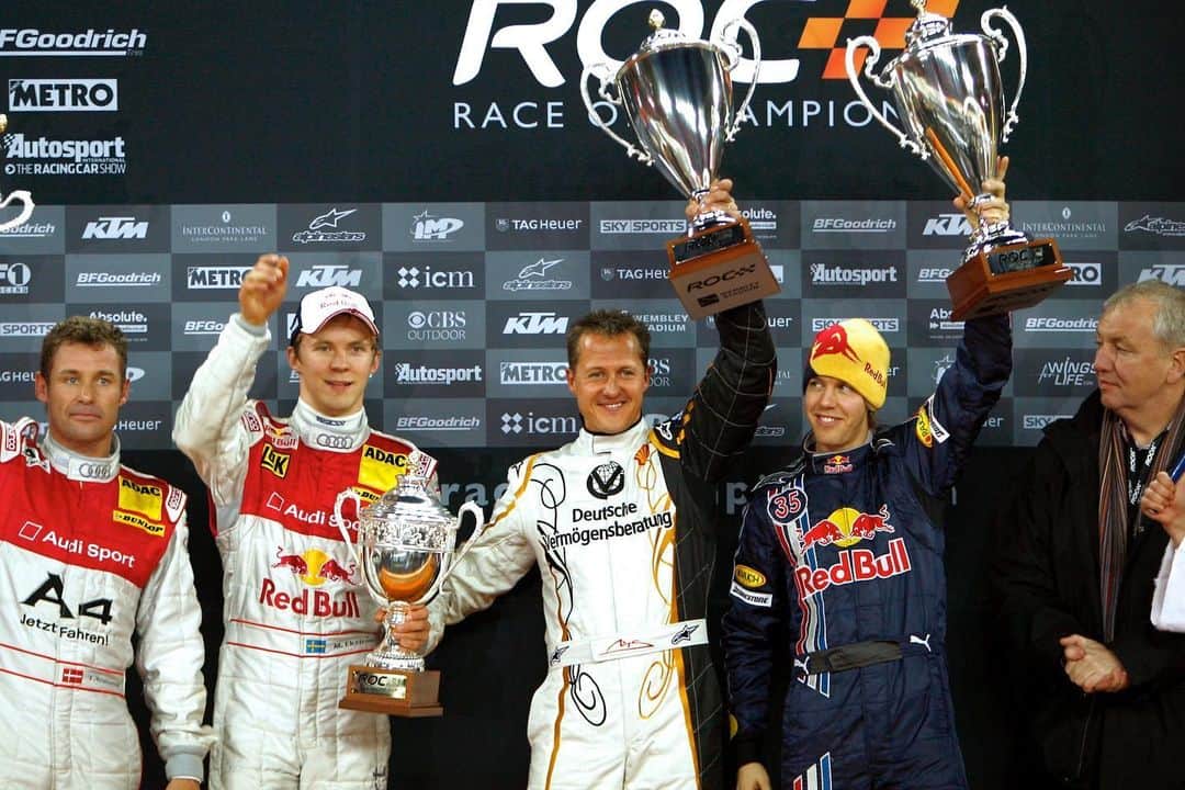 ミハエル・シューマッハのインスタグラム：「«Team Germany» in action 🏁  Michael and @sebastianvettel winning the @raceofchampions Nations Cup in London 2008 for the second time in a row. Always great fun!  #OTD #KeepFighting #TeamMichael @dvag.de」