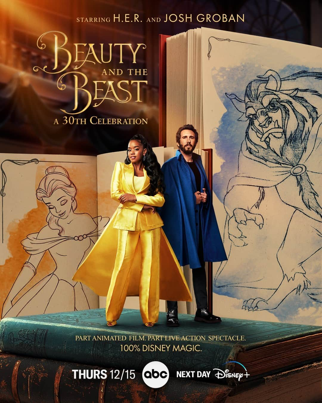 美女と野獣のインスタグラム：「You’re invited to a celebration like no other! Join H.E.R., Josh Groban, Shania Twain, Martin Short, Rita Moreno, and more, for #BeautyAndTheBeast30th tomorrow at 8/7c on @ABCNetwork. 💛 Stream next day on @DisneyPlus.」