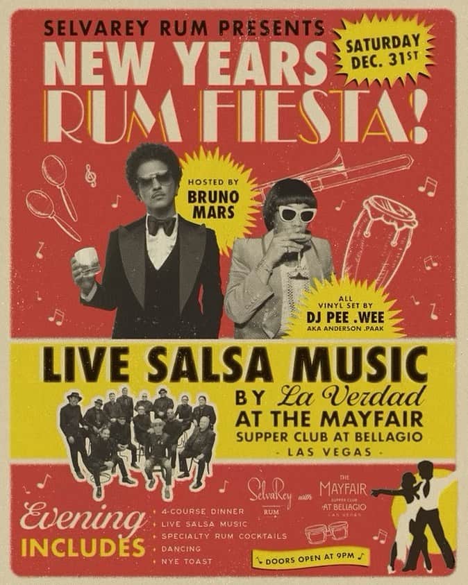 ブルーノ・マーズのインスタグラム：「In the words of @anderson._paak “We’re gettin drunk!”  New Years / Vegas / Salsa #Frikikikiki  💃🏽🔥🕺🏽🪘🎶🎺🎹 🍹」