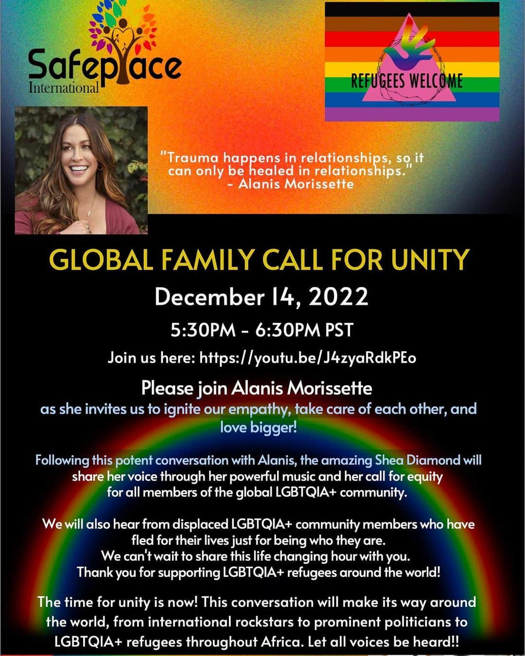 アラニス・モリセットのインスタグラム：「you’re invited to join me/us as we support @safeplaceinternational  creating safe havens for LGBTQIAS2+ refugees around the world. 🙏🏻🙏🏻🙏🏻 #sheadiamond ✨ connection with #Self #Life #others #emotionalandphysicalandspiritualsafety #community 💛」