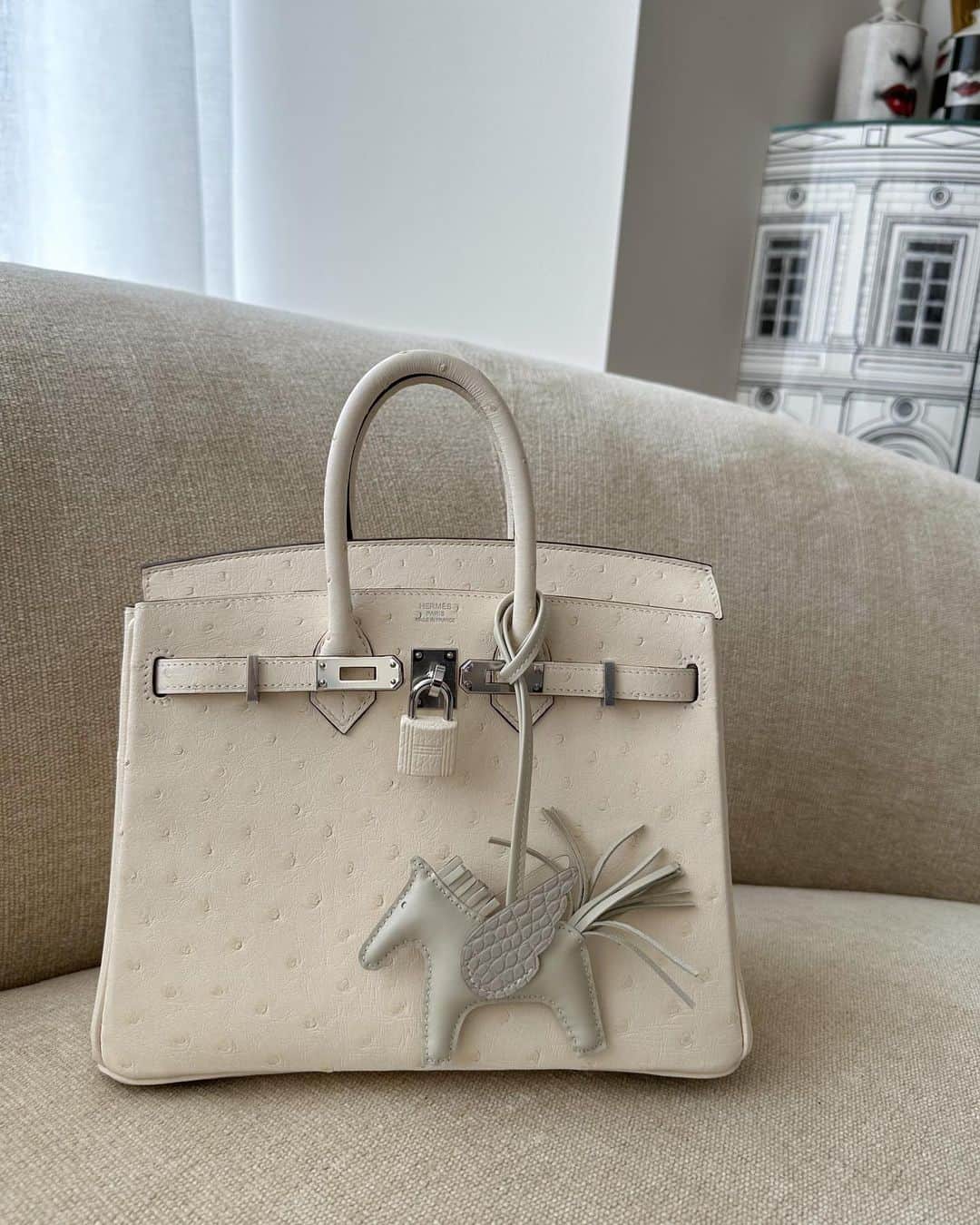 megbabyのインスタグラム：「自分への誕生日プレゼント🎁 開封しました✨ せっかくなので記念に残します🤍  真っ白で凛として 芯のある大人の女性のような 初心に戻してくれるカラーの この子をお迎えしました🕊️  ずっと前から40歳の誕生日にはエルメスの白いbagを自分で買うと決めていました。 全てが理想的な物に出会えました😭✨✨ そして、ペガサスちゃんまで一緒に😭✨  担当の方にも伝えずに ずっとこの組み合わせを持っている自分を妄想していただけなのに(画像を毎日のようにみて) いざ目の前に現れた時は引き寄せの力を強く感じました😳  思考は現実になる。  そして、 実はこの子と出会う前日に大切にしていたピアスをなくしたんです。 そこからの出会い。  別れにも 出会いにも 全て意味があり なくしたものや 去っていくものは きっと役目を終えたということ。  席をあけると新しいものが 入ってくるのは本当にあるんだなぁと 感じた日でした。  別れにも出会いにも 感謝の気持ちを持って この子を大切にします🙏🏻  お誕生日は1ヶ月も前なのに友達が私の好きなマゼンタピンクのカラーのお花💐もくれた幸せな日🥺💓  #hermes #birkin」