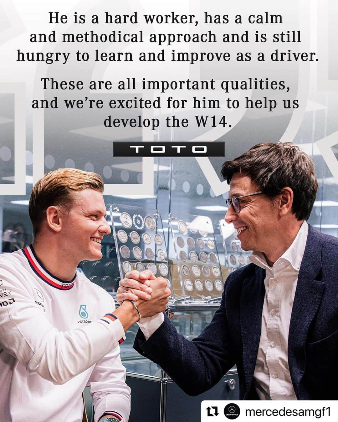 ミハエル・シューマッハのインスタグラム：「🤩 ・・・ The Mercedes and Schumacher names reunited. 🤝#TeamMSC #TeamMichael #MSC47 #Repost @mercedesamgf1 with @use.repost」