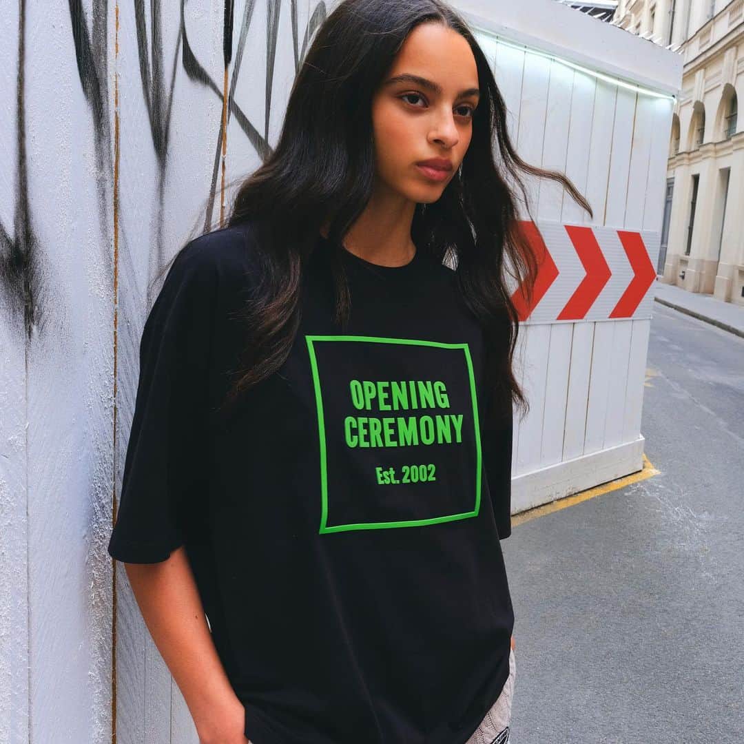 オープニングセレモニーのインスタグラム：「3D Box Logo printed in acid green for the festivities 🌲  Photographer: @alien__w Co Producer: @babyfaceclyde Stylist: @flamejjeye Hair: @chiaochenet Make up: @mayumioda25 Model: @__raquelbrito__」