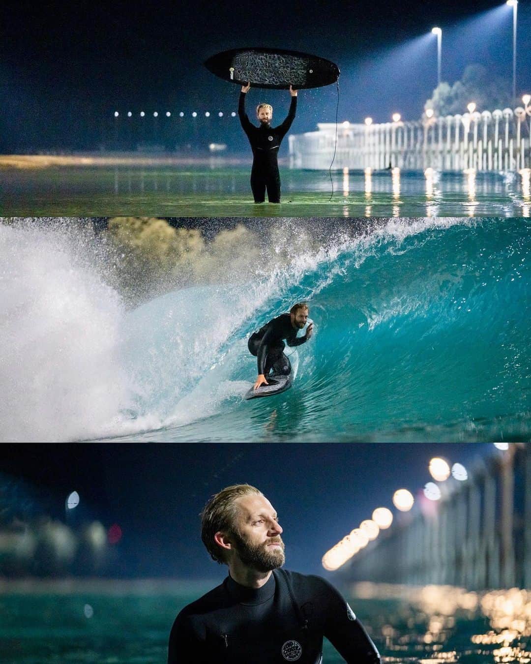 Travis Burkeのインスタグラム：「An experience of a lifetime surfing Kelly Slater’s wave under the moon and stars!   This wave is surprisingly challenging to surf, the freezing conditions and darkness of the night certainly added to the challenge.   From the hospitality, to the farm to table meals, and overnight lodging, everything about this place is over the top and is so much more than just a perfect wave.    Huge thanks to @proudsourcewater for the opportunity and @layseahughes for spending all day and night in the water capturing these moments!   #surfranch #wavepool #proundwavemaker」