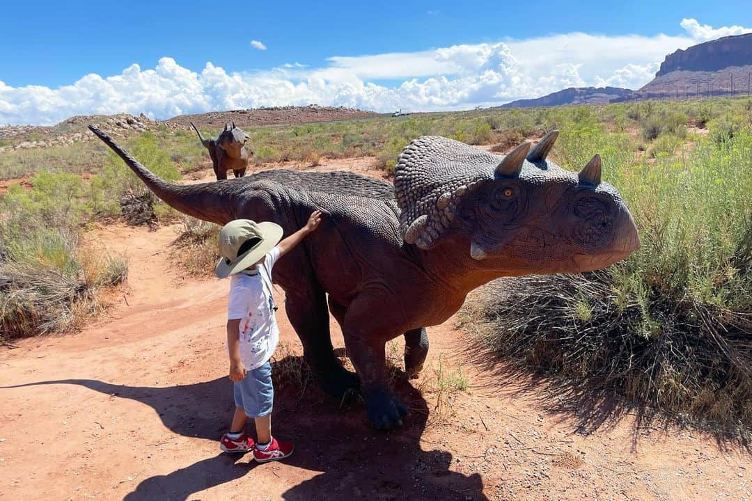 白渚すずさんのインスタグラム写真 - (白渚すずInstagram)「夏休みRV trip ・ ＊Moab Giants ＊  実寸大の恐竜が自然の中に佇むミュージアム。 大自然の中で見るだけにリアルに感じられました。 私が恐竜に食べられたかの様に演技をしていると はじめは呆気に取られていたボク(笑)  次第にノリノリになり一緒に楽しみました♪  #grandcircle#rv#rvtravel#rvtrip#moabgiants#moab#moabutah#dinosaur#dinosaurs#dino#恐竜#きょうりゅう #キャンピングカー#キャンピングカーの旅」12月17日 17時14分 - suzubell_44