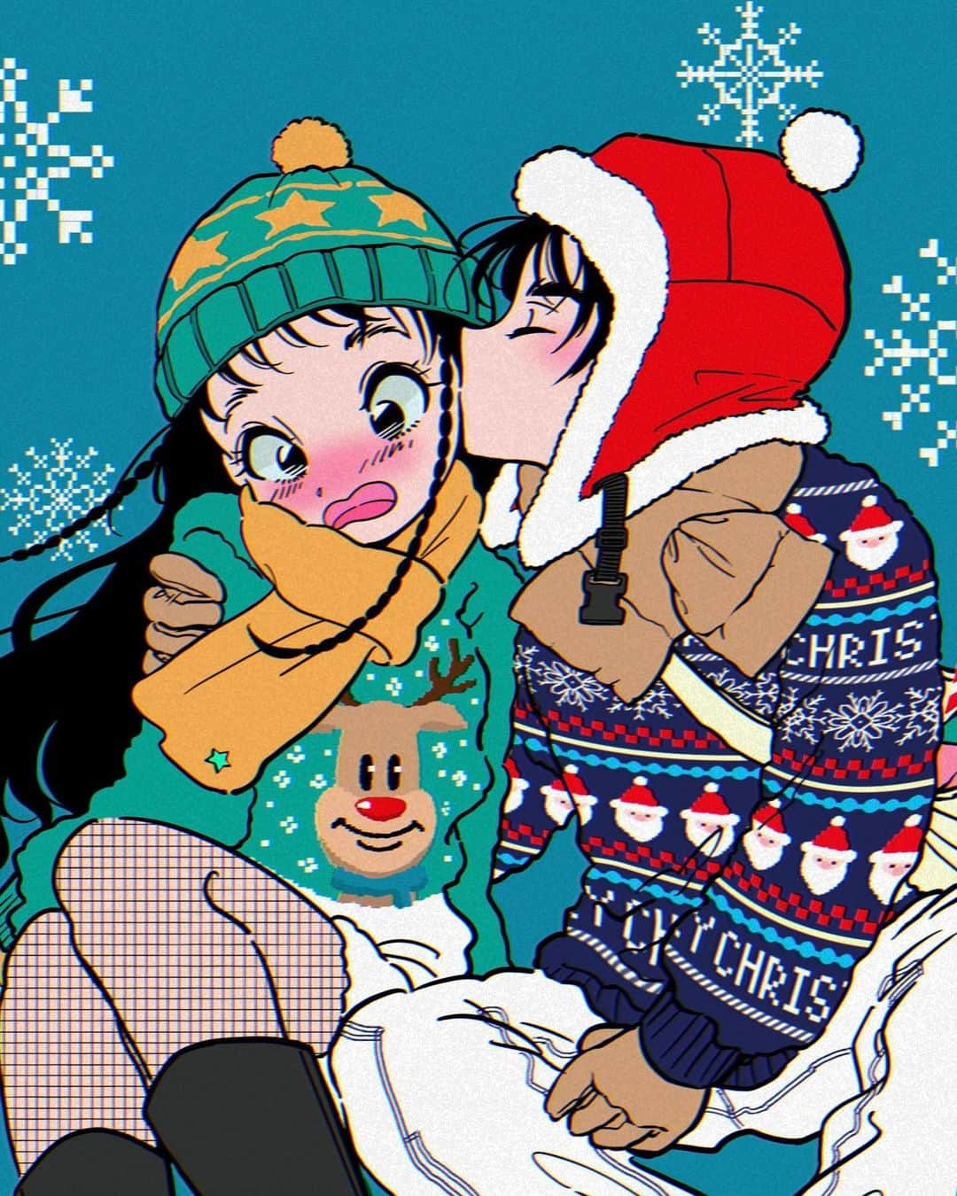 佐藤なつみのインスタグラム：「最高のパートナー🎅🦌❄️  best partner  ・－・－・－・－・－・－・－・－・－・  少し早いですがクリスマスイラストです！⭐️ ダサセーターがお気に入り♡ 今年は息子と初めてのクリスマスなので ツリーを飾ってお家でパーティーします🎄👨‍👩‍👧 皆様素敵なクリスマスをお過ごし下さい♪  Have a nice Christmas!❤️  #エモい #illustration #illustrator #xmas #christmas #90s #イラスト #クリスマス #ガールズイラスト #女の子イラスト #古着女子 #古着コーデ #古着 #イラストレーター #ストリート #ストリートコーデ」