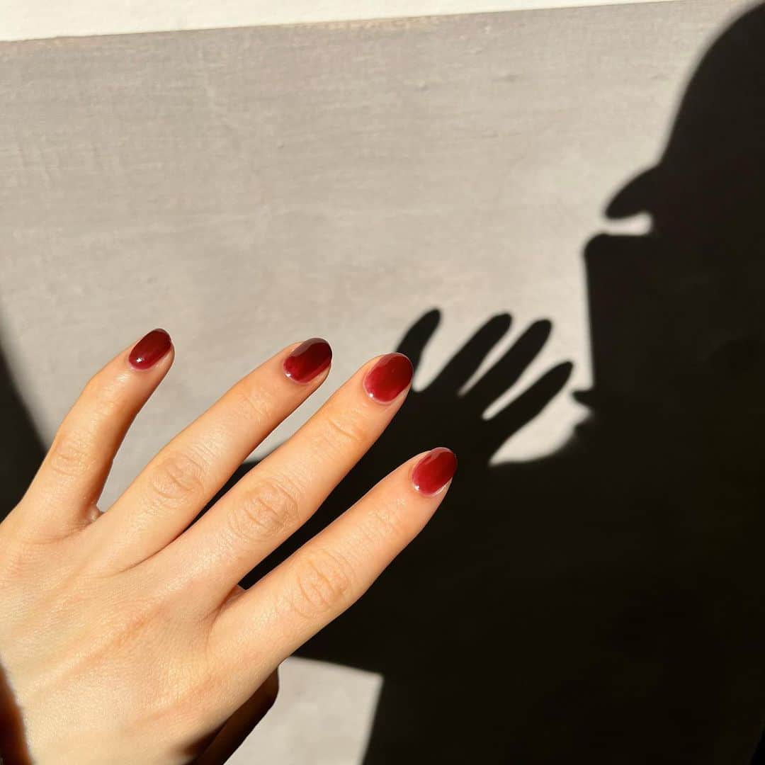 ひよんのインスタグラム：「💅❤️  ネイル変えた😊 ボルドーにクリアを混ぜてもらったよ🫶 ワンカラーだけど透け感あるといいかんじ❤️  @amelie_bellejournee  ありがとうございます❤️‍🔥  #ひよん #ひよんネイル」