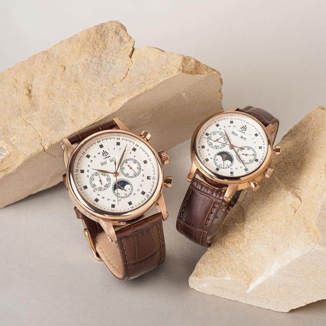 Lobor Japan ￥のインスタグラム：「HERITAGE CANTERBURY BROWN PAIR  文字盤の中に輝く特徴的なインデックスと 曜日、年月、日時、ムーンフェイズの1つで4役も果たす万能ウォッチ  ペアでのご使用もおすすめです  @loborjapan」
