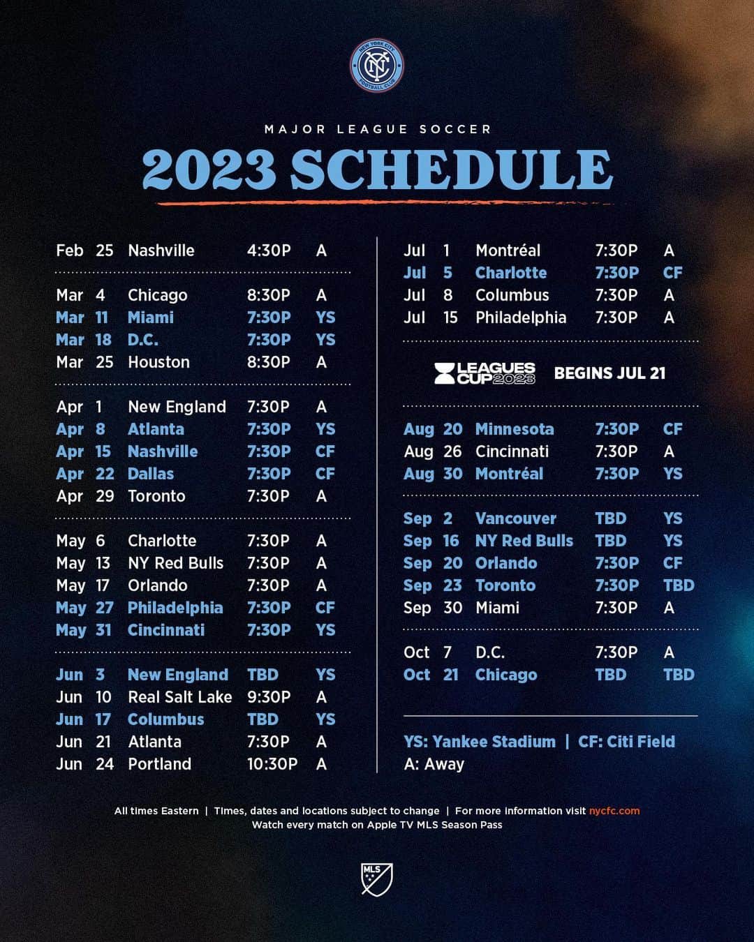 ニューヨーク・シティFCさんのインスタグラム写真 - (ニューヨーク・シティFCInstagram)「The 2023 @MLS regular season schedule is here 📆  Watch every match on @AppleTV MLS Season Pass.」12月21日 4時13分 - nycfc