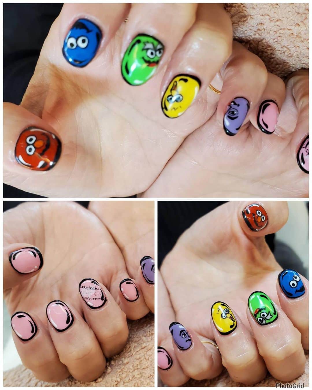 岡田祐佳のインスタグラム：「クリスマス直前！！  そして今年もあとわずか！  ネイル納め💅✨  今年最後のネイルは コミックネイル💅  右手に大好きなピンク 左手には 隆之介の事務所  ( @waiwai.inc )のライブが12月27日28日29日とあるから それを意識して セサミストリート @8iper_official 仕様🤪w  クリスマスも、年末年始も関係の無い色気ないネイルですが私らしくてお気に入りです💚  秋山さんありがとう⸜(*ˊᵕˋ*)⸝ @and.peachu    #ネイル #コミック  #コミックネイル #年末年始 #クリスマス #おひとり様 w #ネイル納め #waiwai #8iper  #ピンク好き  #オシャレ #セサミストリート #グリーンネイル  #レッド  #パープル  #イエロー #ブルー #カラフル」