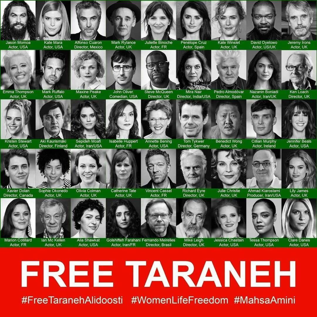 マリオン・コティヤールのインスタグラム：「Over 600 artists worldwide have signed an open letter calling for the release of award-winning actor and writer Taraneh Alidoosti. We demand her freedom and through her, the freedom of all the women an men of Iran who are fighting for this magnificent country.  Join us. Link in bio.   Plus de 600 artistes du monde entier ont signé une lettre ouverte demandant la libération immédiate de Taraneh Alidoosti ainsi que toutes les iraniennes et tous les iraniens qui se battent pour la liberté de ce magnifique pays.  Rejoignez-nous! Lien dans ma bio   #FreeTaranehAlidoosti #FreeThemAll」