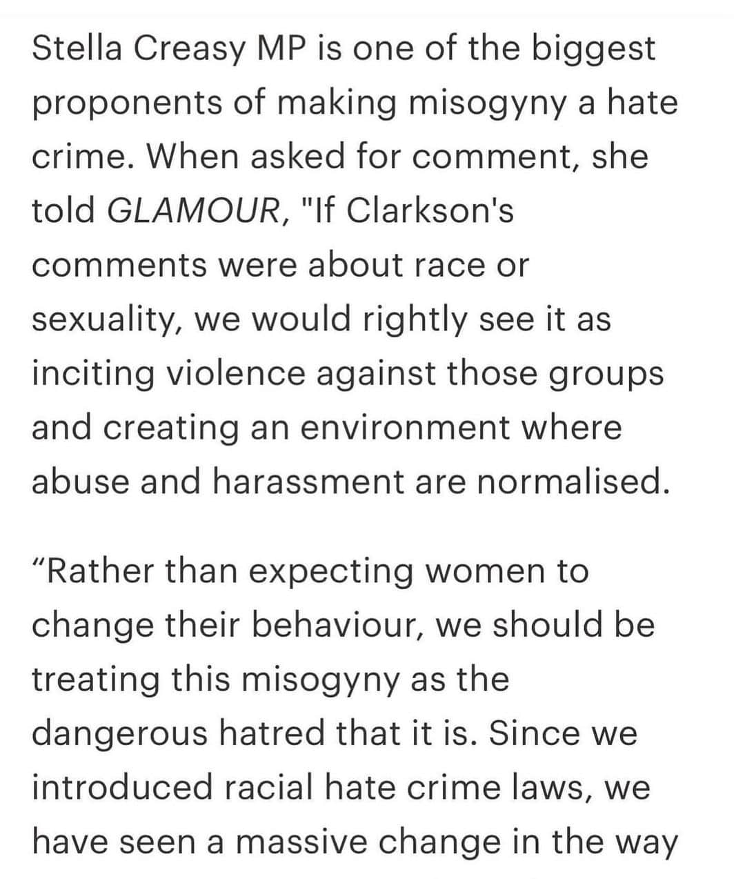 カトリナ･バルフのインスタグラム：「What some people may think are flippant remarks or try to pass off as comedy can actually have grave consequences… @stellacreasy put it so succinctly here. There should be no place for this kind of misogyny….. maybe people like @jeremyclarkson1 should ask themselves why this young woman who made decisions for the health and safety of her family triggers him so much. It’s shameful @thesun published his violent racist misogynistic language.」