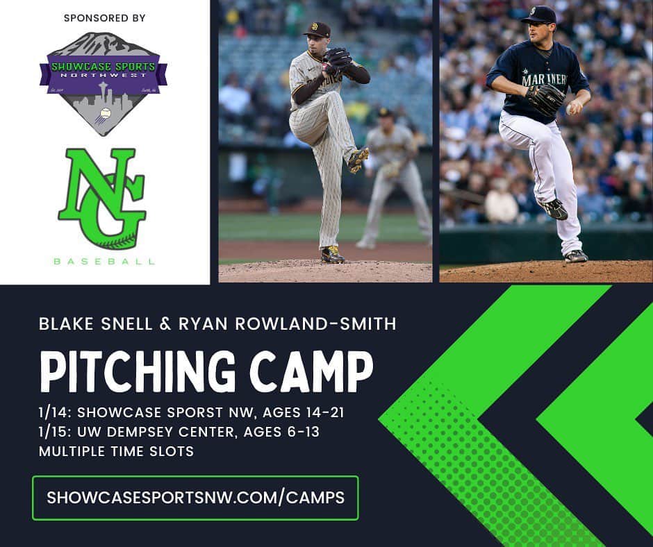 ブレイク・スネルのインスタグラム：「NEW CAMP! Blake Snell & Ryan Rowland-Smith pitching camp. 1/14-1/15, multiple age groups and time slots. Click the link in our bio!」