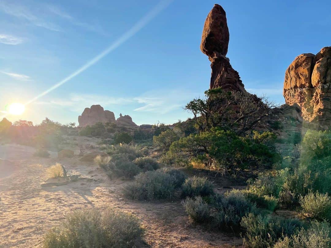 白渚すずさんのインスタグラム写真 - (白渚すずInstagram)「夏休みRV trip ・ ＊Arches National Park＊  今回の旅でどこが一番良かったか？と良く聞かれます。 どこも良かったので一つに絞るのは難しいけれど、 強いて言うならば、こちらがナンバー1だったかなと。 朝一番乗りの日の出から行き、 時間をかけて何箇所かトレッキング等をしたから 思い入れが強いのもあるかも。  砂岩が侵食して自然に出来たアーチの数々。 壮大さに感動の嵐でした。 暑い中、ボクもトレッキングを頑張って この旅で予想以上の彼の体力を発揮してくれました!!  そしてこちらでもボルテックスにより捻れた木がたくさんあり 10枚目はボクが動物の親子みたい!!と発見したもの！  #grandcircle#rv#rvtravel#rvtrip#moab#archesnationalpark#arches#nationalpark#アーチーズ#アーチーズ国立公園 #キャンピングカー#キャンピングカーの旅」12月23日 6時08分 - suzubell_44