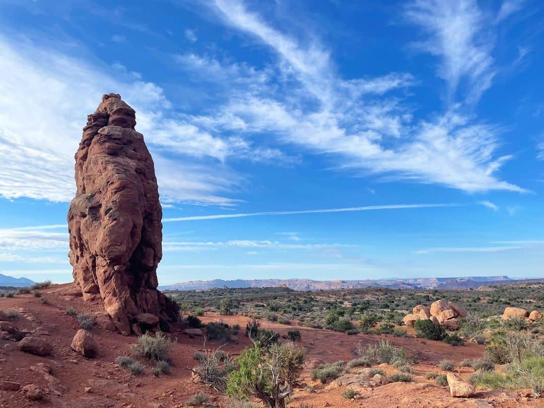 白渚すずさんのインスタグラム写真 - (白渚すずInstagram)「夏休みRV trip ・ ＊Arches National Park＊  今回の旅でどこが一番良かったか？と良く聞かれます。 どこも良かったので一つに絞るのは難しいけれど、 強いて言うならば、こちらがナンバー1だったかなと。 朝一番乗りの日の出から行き、 時間をかけて何箇所かトレッキング等をしたから 思い入れが強いのもあるかも。  砂岩が侵食して自然に出来たアーチの数々。 壮大さに感動の嵐でした。 暑い中、ボクもトレッキングを頑張って この旅で予想以上の彼の体力を発揮してくれました!!  そしてこちらでもボルテックスにより捻れた木がたくさんあり 10枚目はボクが動物の親子みたい!!と発見したもの！  #grandcircle#rv#rvtravel#rvtrip#moab#archesnationalpark#arches#nationalpark#アーチーズ#アーチーズ国立公園 #キャンピングカー#キャンピングカーの旅」12月23日 6時08分 - suzubell_44