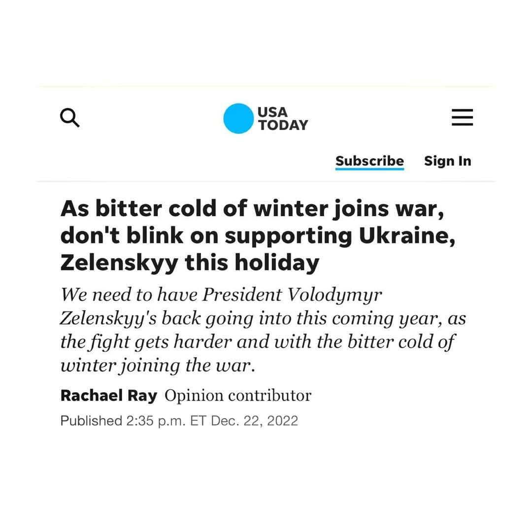 レイチェル・レイのインスタグラム：「In any and every way possible and for as long as it takes…  Thank you @usatoday 💪 for sharing my piece on why we must stand with President Zelenskyy and the people of #Ukraine this holiday, this winter, and through this fight. Click the link in bio for the full read.  @ukrainefriendsorg @uccaorg @unbroken.ukraine @ukraine.ua #slavaukraini」