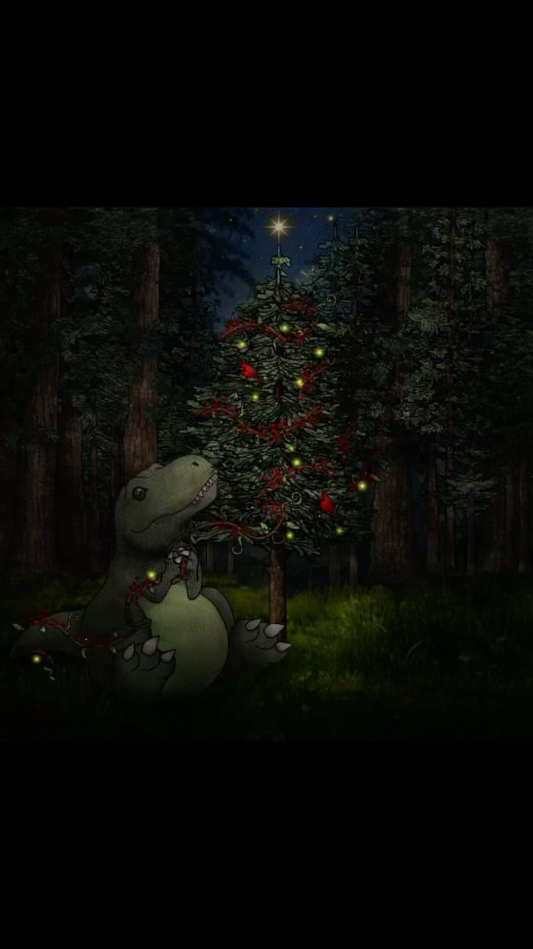 Rachel Ryleのインスタグラム：「“NFTree Rex” Open Edition -SOLD-  -Story- NFTrex spotted a vine of berries tangled up in a tiny tree. A couple of cardinals kindly chirped, inviting NFTrex to have a seat & eat the sweet treat. To much delight at moonlight the tree lit up with fireflies, as they all gathered in the berry branches at bedtime. The stars twinkled in the sky as the tree twinkled through the night, and all was berry & bright!  #rachelryle #animation #illustration #christmas #holiday #dinosaur #christmastree」