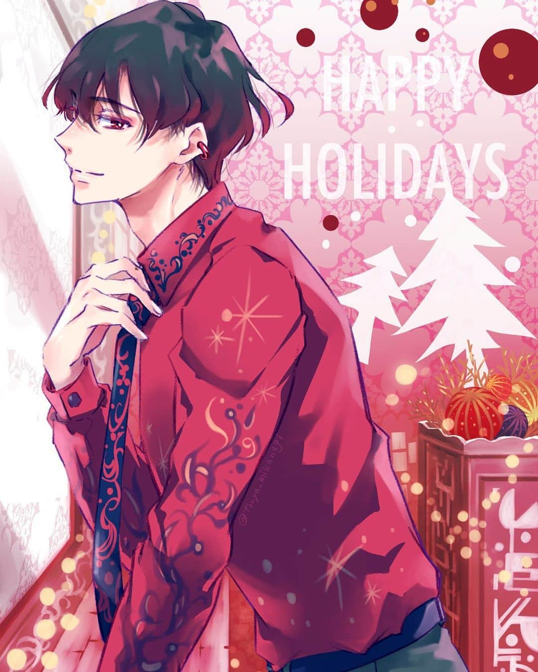 御巫桃也のインスタグラム：「Happy Holidays🎄🥳 いつもありがとうございます。 休日の方もお仕事の方も素敵な時間をお過ごしください！  イラストは「ルーチェと白の契約」のリオヴェルナです🎈」