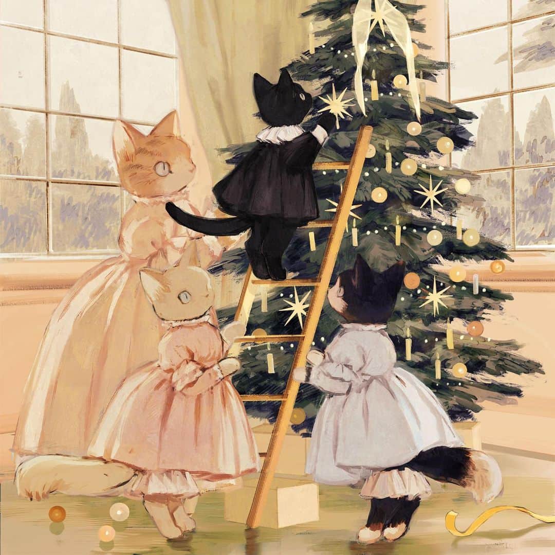 tonoのインスタグラム：「#merrychristmas #catfamily #illustration」