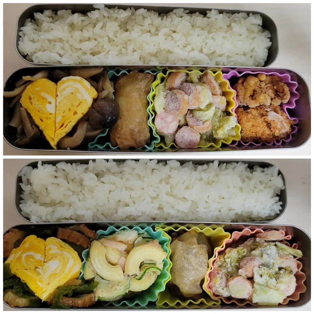 信江勇のインスタグラム：「先週、先々週のお弁当! 先々週は旦那の有給消化でいつもよりお弁当がかなり少なめw  私も舞台の稽古始まったので楽でした✌️  そして先週、またやらかしましたw お弁当箱出し忘れ！  でも稽古始まってからごはんも片付けもしてくれてるし、疲れたーって帰ってきたら髪までかわかしてくれるので、、あんま強く言えないよねーw ってことで可愛いうさぎにしました💕  気持としては会社でデコ弁！って思われろ！って感じですw  ※当の字、写真のとき間違ってたので、しれっと修正しましたw  #つくおき #弁当 #制裁弁当」