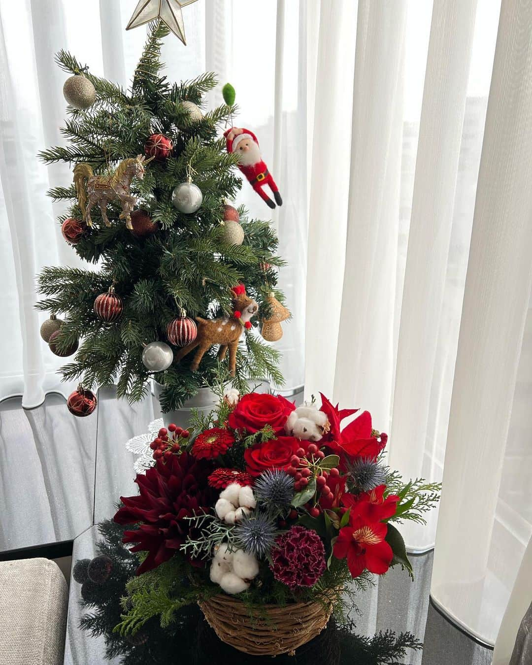 葉加瀬マイのインスタグラム：「クリスマスに用意したお花🌹🎅❤️ クリスマスツリーは息子に飾りとられたりいじられてなんかバサバサになってる😹  #2022クリスマス #merrychristmas  #merrychristmas2022」