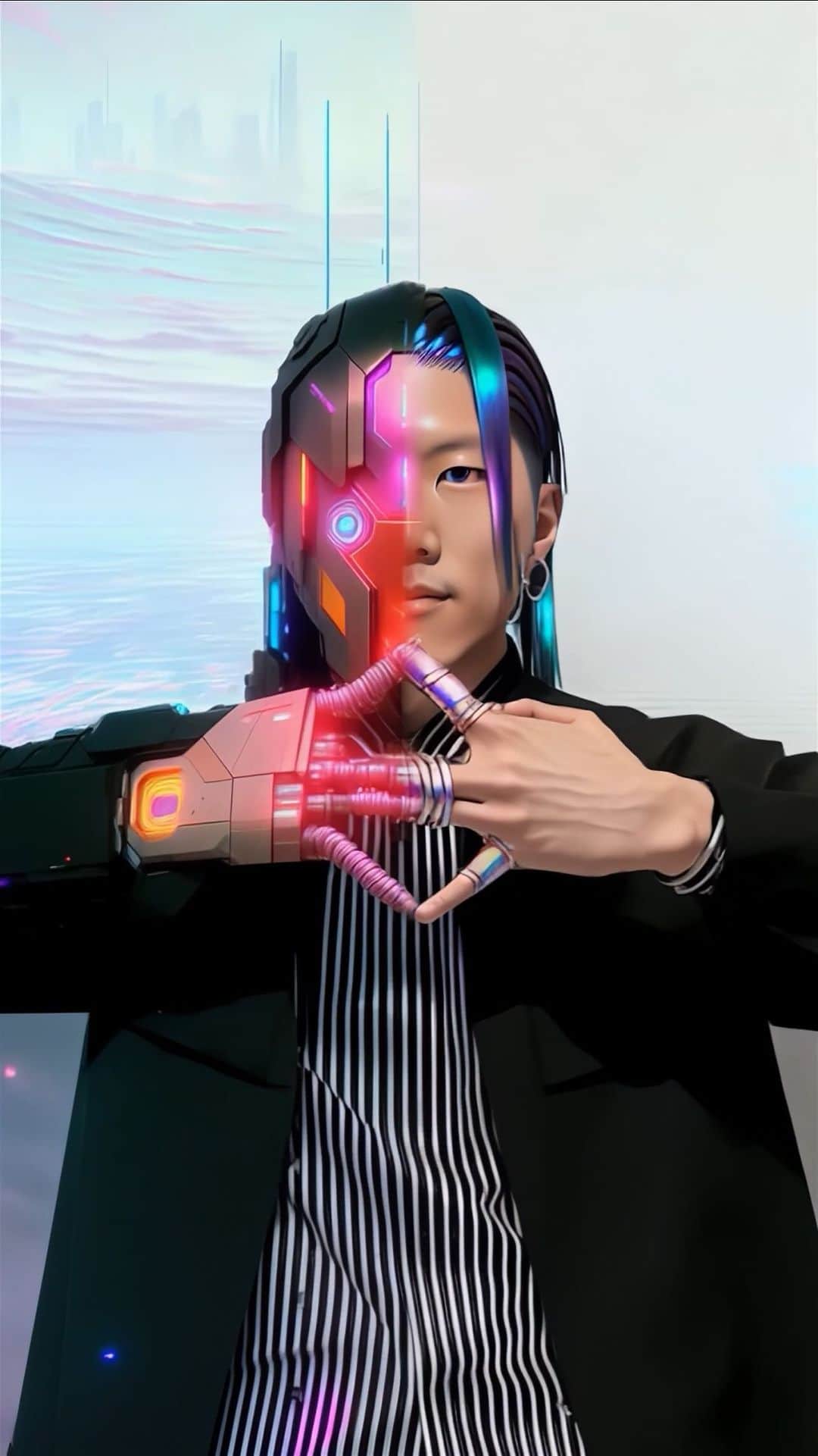 RYOGA -XTRAP-のインスタグラム：「Parallel Vision ft. @ryoga_xtrap 🦾💠🧬  Featured: @ryoga_xtrap Render: @willis.visual Move Tutorial: @tut_torial_  Made with Dreambooth, Warpfusion, After Effects  #aiart #animation #artandtechnology #cyberpunkaesthetic #dance #dancevideos #fingertutting #geometry #stablediffusion #trippyart #tutting #tuttingconcepts #tuttingdance #vaporwaveaesthetic #warpfusion」