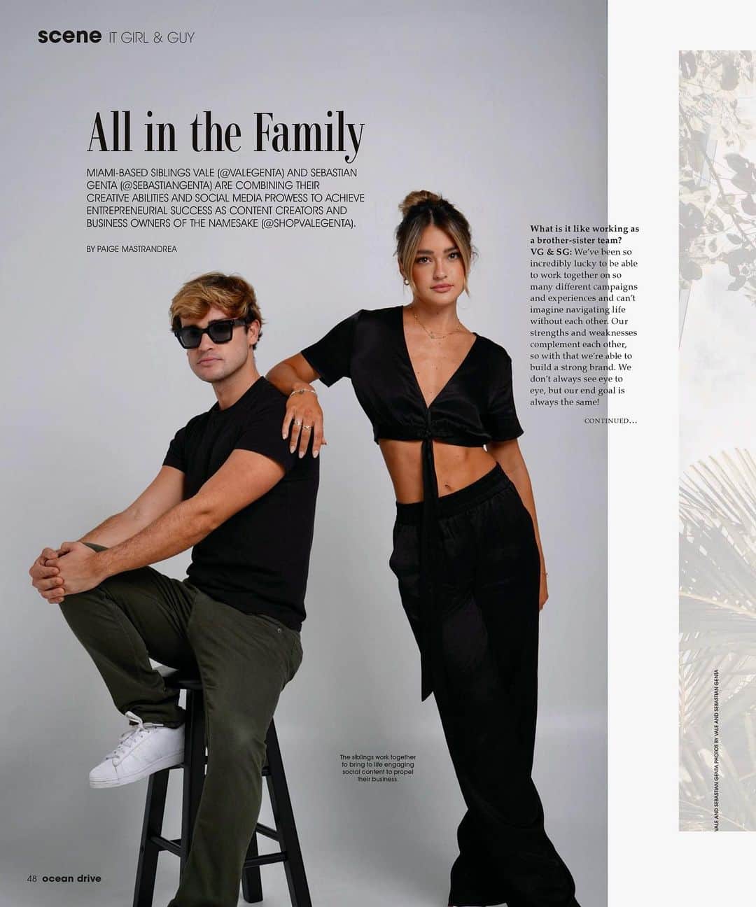 ヴェール・ゲンタのインスタグラム：「Full spread about @shopvalegenta / Genta siblings on January edition of @oceandrivemag !!! ✨✨✨  We grew up reading Ocean Drive magazine so truly a full circle moment to get interviewed with family about my clothing line! Off to a good start for 2023 👏🏼🤩 Thank you @paigemastrandrea 🫶」