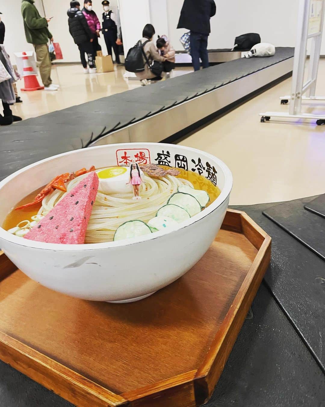 三吉ツカサのインスタグラム：「ロンちゃん、ちょっと飛行機揺れたけど無事に花巻空港に着いたね。気温0度だね。 急いでお風呂に入ったみたいだけど、それ冷麺だよ。 さすがだね。 #おでかけロンちゃん」