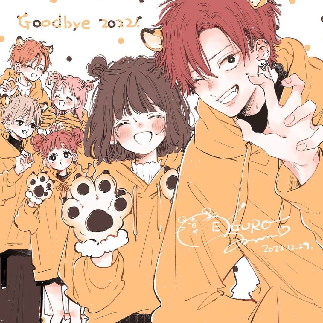 目黒あむのインスタグラム：「✨🐯さよなら2022🐯✨ ⁡ 久しぶりのハニーてをつなひなブルの面々！ 年始に描くはずのイラスト年末になっちゃったけど描けてよかった☺️ ⁡ 2023年の年始イラストはあの人たち🌱 ⁡ コメント♡フォローメンションなどいつもありがとうございます🙇‍♂️ ⁡ #ハニー #てをつなごうよ #ひなたのブルー #少女漫画  #comic #illustration」