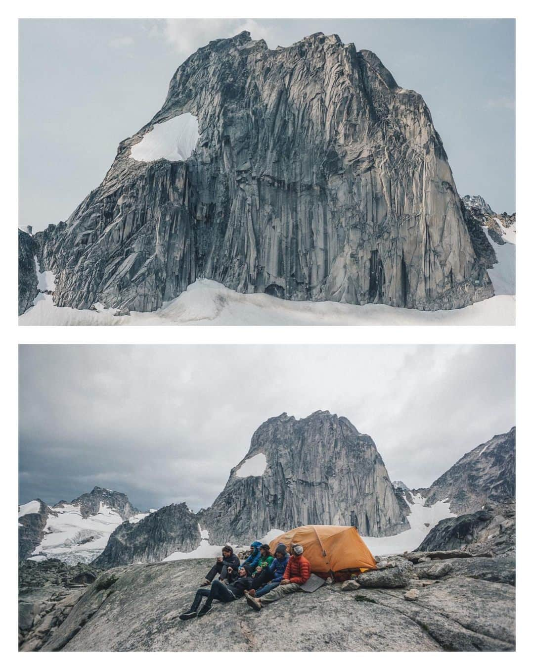 ティム・ケンプルのインスタグラム：「Its hard to believe that it was almost a decade ago that @bchendrix and I ventured to the Bugaboos to spend a week documenting @willstanhope and @mattsegal putting in the work to eventually free climb the Tom Eagan Memorial route (5.14b!) on Snowpatch Spire. The route climbed an amazing series of splitter cracks accessed by an unlikely face climb that was incredibly blank… if there was one less hand hold it could not have been climbed. The only thing that made it even more impressive was how far out there you were. A full days hike into basecamp loaded with food, camera gear, and camping essentials. The amount of time and energy these guys put into unlocking this masterpiece was amazing. ⁣ ⁣ And then last week it all disappeared! Nearly the entire face succumbed to a massive rockfall leaving the route completely erased. ⁣ ⁣ What an incredible moment in time to be given the opportunity to join these guys on their journey… and then have the canvas wiped clean with the spoils of fresh stone waiting for the next climbing season. (Rockfall Photo @bugaboo_mountain_guides 💪🏽)」