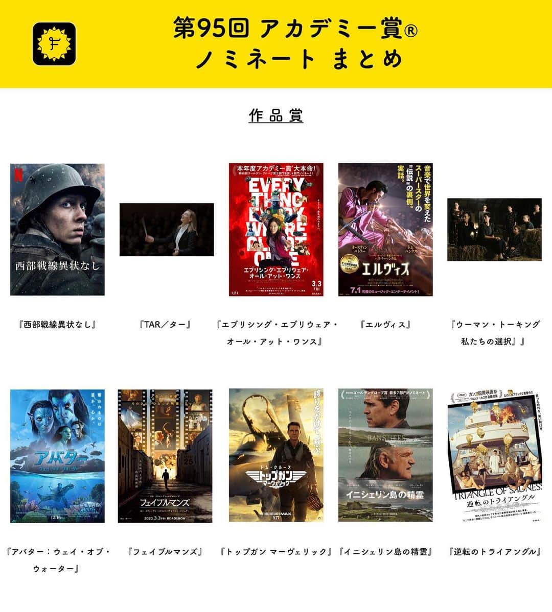 Filmarksのインスタグラム：「・ /／ 第95回アカデミー賞®︎ ノミネート作品が発表🎬 \＼  主要6部門のノミネート作品をまとめました👀  授賞式は3月13日（日本時間）に開催✨  今年はどんな作品が受賞するのか...！ 要チェックです✊」