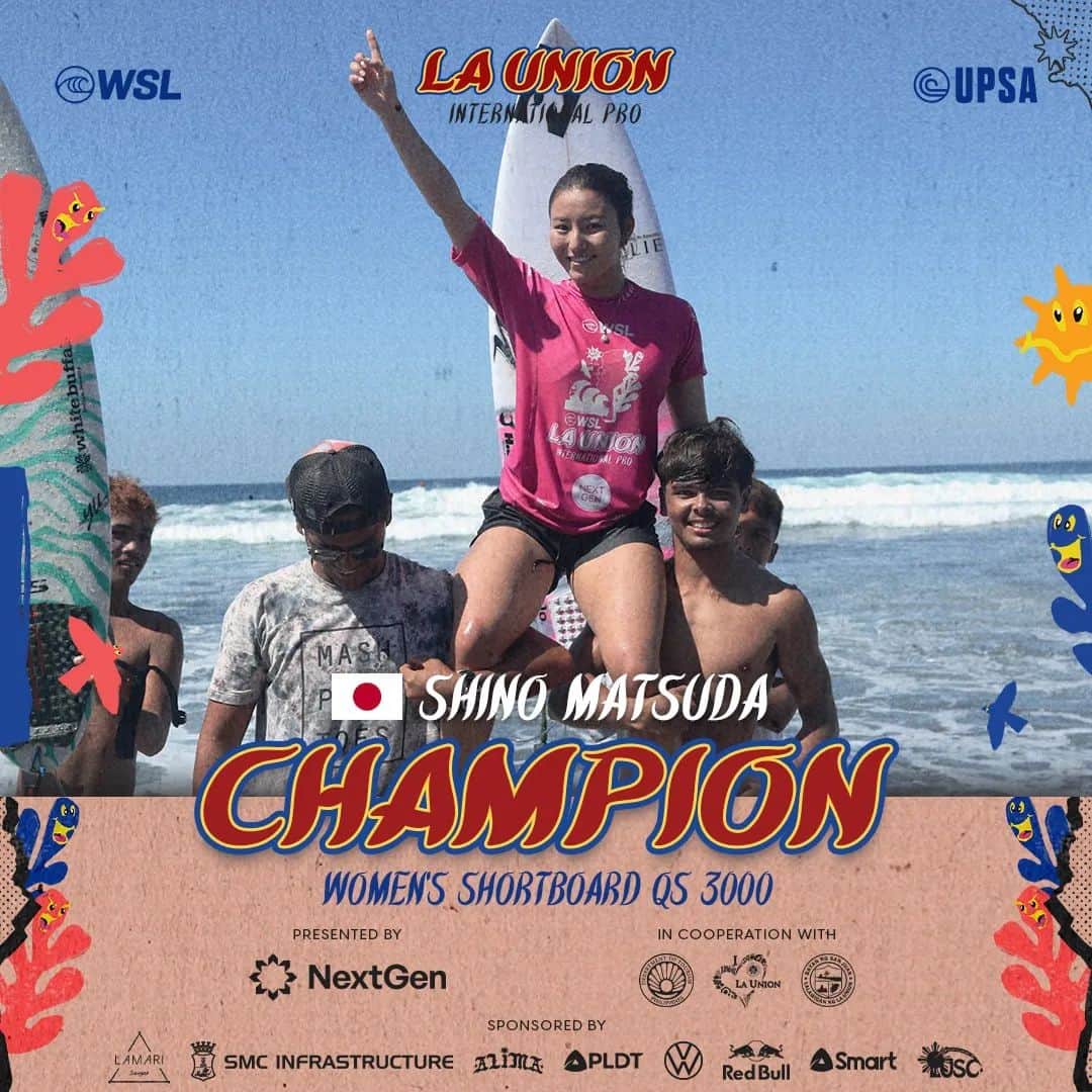 松田詩野のインスタグラム：「The first ever La Union International Pro QS3000 Women’s Champion is Shino Matsuda from Japan!  Shino will receive 3000 points to jumpstart her journey to the Challenger Series!  The WSL LA UNION INTERNATIONAL PRO is brought to you by NextGen Philippines.  This competition is organized by the United Philippine Surfing Association and is sponsored by the Department of Tourism - Region 1, Provincial Government of La Union, Municipality of San Juan, Lamari Siargao, San Miguel Infrastructure, Volkswagen Philippines, Red Bull Philippines, Smart Communications Inc., and PLDT.  Get the latest information through this link in our bio! 👇 https://pilipinassurfing.contactin.bio/  #FindTheONEInRegion1 #LOVELaUnion #WSL #LaUnionInternationalPro」