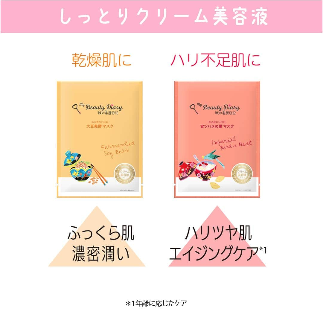 私のきれい日記さんのインスタグラム写真 - (私のきれい日記Instagram)「＼古来の美容素材“官ツバメの巣”と“大豆”が鍵🗝みずみずしいハリ肌に♪／  歴史的美女から愛された高級エキス、”官ツバメの巣“と 古来から美容に良いとされた天然発酵の力、“大豆発酵食品”を取り入れた保湿と整肌のスペシャルケアを実現👀☝️  ------👉👉👉------- 画像をスワイプして 官ツバメの巣マスクと大豆発酵マスク の詳細をチェック！ --------------------  ●千年以上愛された！？ 官ツバメの巣マスク🌿  かの楊貴妃が愛用したとされる“官ツバメの巣”から抽出したエキスは、ローヤルゼリーの200倍のシアル酸やアミノ酸をたっぷり含み肌に贅沢なうるおいを与えてくれます✨  ●話題の発酵美容！ 大豆発酵マスク🌱  古来より美容に良い食べ物として知られた大豆発酵食品はタンパク質を多く含んだポリグルタミン酸が含まれています。 このポリグルタミン酸は肌馴染みがよく、とろみのある質感で肌表面にペールを形成し、みずみずしい肌へと導いてくれます🤍  ==💌Comment💌================== 官ツバメの巣マスクが欲しい！と思った方は、 絵文字『🕊』をつけて 大豆発酵マスクが欲しい！と思った方は、 絵文字『💭』をつけて コメントで教えてください！ =============================  --------------------- #我的美麗日記 #私のきれい日記 #mybeautydiary #官ツバメの巣マスク #大豆発酵マスク #シートマスク #シートマスクマニア #フェイスマスク #スキンケア #スキンケア好きな人と繋がりたい #スキンケア紹介 #スキンケアマニア  #肌悩み別 #保湿 #保湿ケア #保湿パック #乾燥肌対策 #乾燥肌ケア #乾燥肌にオススメ #乾燥肌スキンケア #くすみ肌 #オススメパック #ドラストコスメ #肌荒れケア #肌荒れ改善したい #季節の変わり目 #季節の変わり目スキンケア #秋のスキンケア #秋スキンケア #冬のスキンケア」1月26日 15時00分 - mybeautydiary_jp