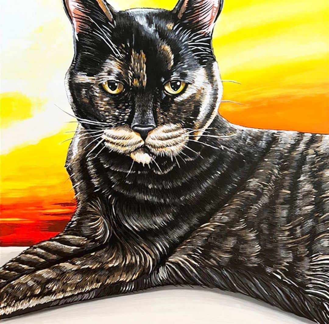 デヴィッド・ギルモアのインスタグラム：「This is Bunny, a beloved 18 year old cat in the twilight of her life.  Her portrait was commissioned to commemorate and celebrate the time Bunny’s parents have left with her and to help those memories live forever. 24” x 24” acrylic on a birch panel.  Thank you @toothgemsbylola for making this happen. ❤️  #bunny #petportrait #catart #catpainting #catlover #70svibes」