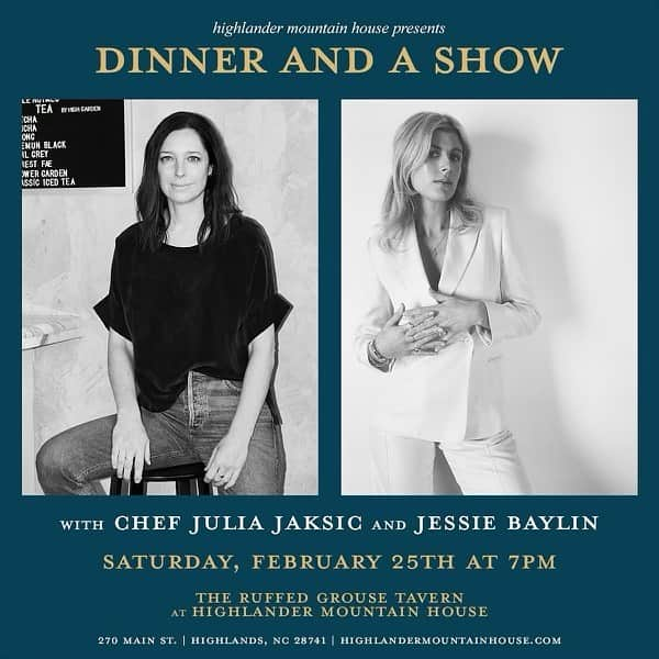 ジェシー・ベイリンのインスタグラム：「thrilled to announce this one ✨ dinner and a show February 25th at the @highlandermountainhouse with chef @juliajaksic and music by yours truly 🤍 tickets are on sale now」