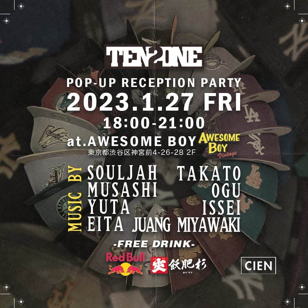 DJ SOULJAHのインスタグラム：「今夜！原宿!! No Cap 🧢  @ten2one.jp  @awesomeboy_vintage   #repost @primecutsjp   🚨POP UP開催のお知らせ🚨  Ten2One POP UP STORE by AWSOME BOY  1000日限定で数多くの”Rapビンテージ”アイテムと US海外限定 ”カスタム NEW ERA”を取扱う ”Ten2One”とPOP UPイベントを行います。  今回はAWSOME BOYとコラボした2000年代 初期 [当時物] RAPアーティスト系ビンテージアイテムを元に カスタムしたアイテムを筆頭に今 話題の海外限定の NEW ERA CAPなど200個以上2日に分け並びます。  【Ten2One POP UP Store by Awesome Boy】  〒150-0001 東京都渋谷区神宮前４丁目２６−２８  1/28 (土) & 1/29 (日) 12:00 - 20:00pm   @ten2one.jp  @awesomeboy_vintage   そして前日 1/27 (金) 夕方より同会場にて コラボを記念したレセプションPartyの開催が決定  DJs  @djsouljahpcuts  @dj_takato @musashi0423  @whoisdaogu @yutashioya @iamisssei @eita_harbor @trustmetokyo  Supported by  @studio_cien @redbulljapan @inoue.s_sakura.s  *レセプションは18時から開催予定 入場無料です。  当日は.. NEW ERA着用者にはカメラマンによる撮影 画像提供 爽 飫肥杉 & Red Bullスペシャルドリンク振舞い🈶  沢山のご来店お待ちしております。」