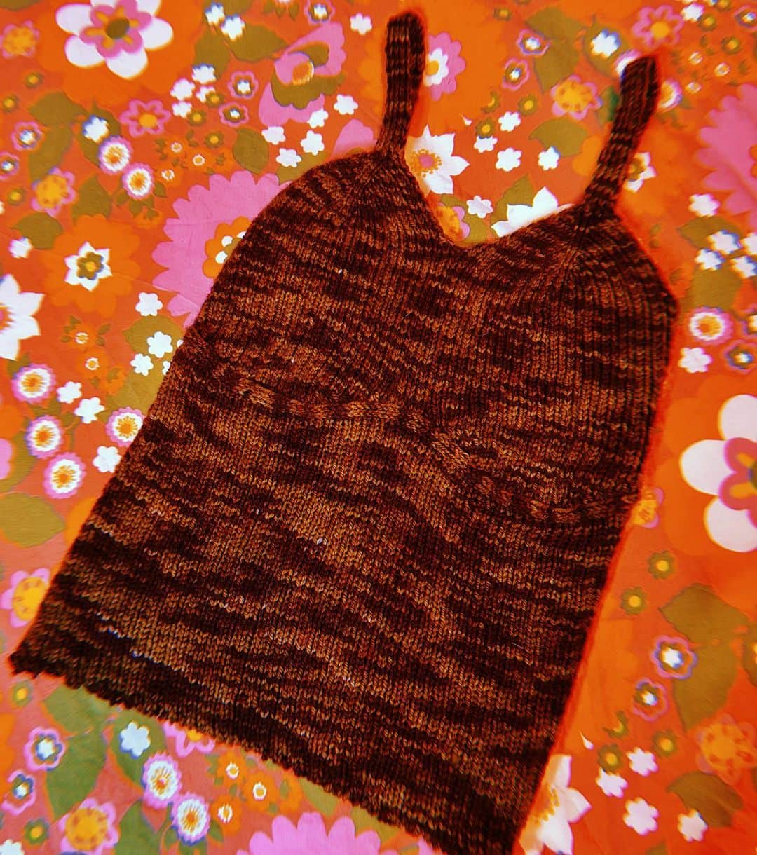 ジョーダン・ロクランのインスタグラム：「First knit of 2023 done! Test knit for The Lost Cami pattern by @friday.knits using the gorgeous Bourgeois yarn in ‘Calcifer’ from @creativeanarchyyarn . Did I come up with a photoshoot concept before I even picked up my needles? Yes. Yes, I did.   #knitting」