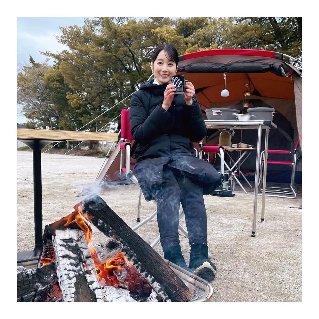 小野彩香のインスタグラム：「☕️と🍢💛 キャンプ施設から中継でした🏕 ご覧いただいた皆さん、ありがとうございます！  #冬キャンプ #CUBE #福岡市西区 #かなたけの里公園  #コヤードカナタケ #マヌコーヒー #焚き火」