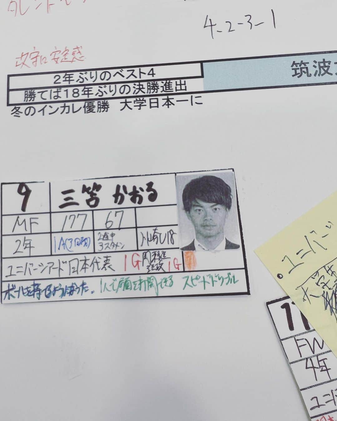 平松翔馬のインスタグラム：「デスクの資料整理してたら昔の実況資料が出てきました。 #6年前#いまだに覚えてます#ドリブルすごかった #総理大臣杯#大学サッカー #学生サッカーの実況デビューがこの試合だったなぁ #初心を思い出しました #字ぃ汚い #今の方が字ぃキレイ」
