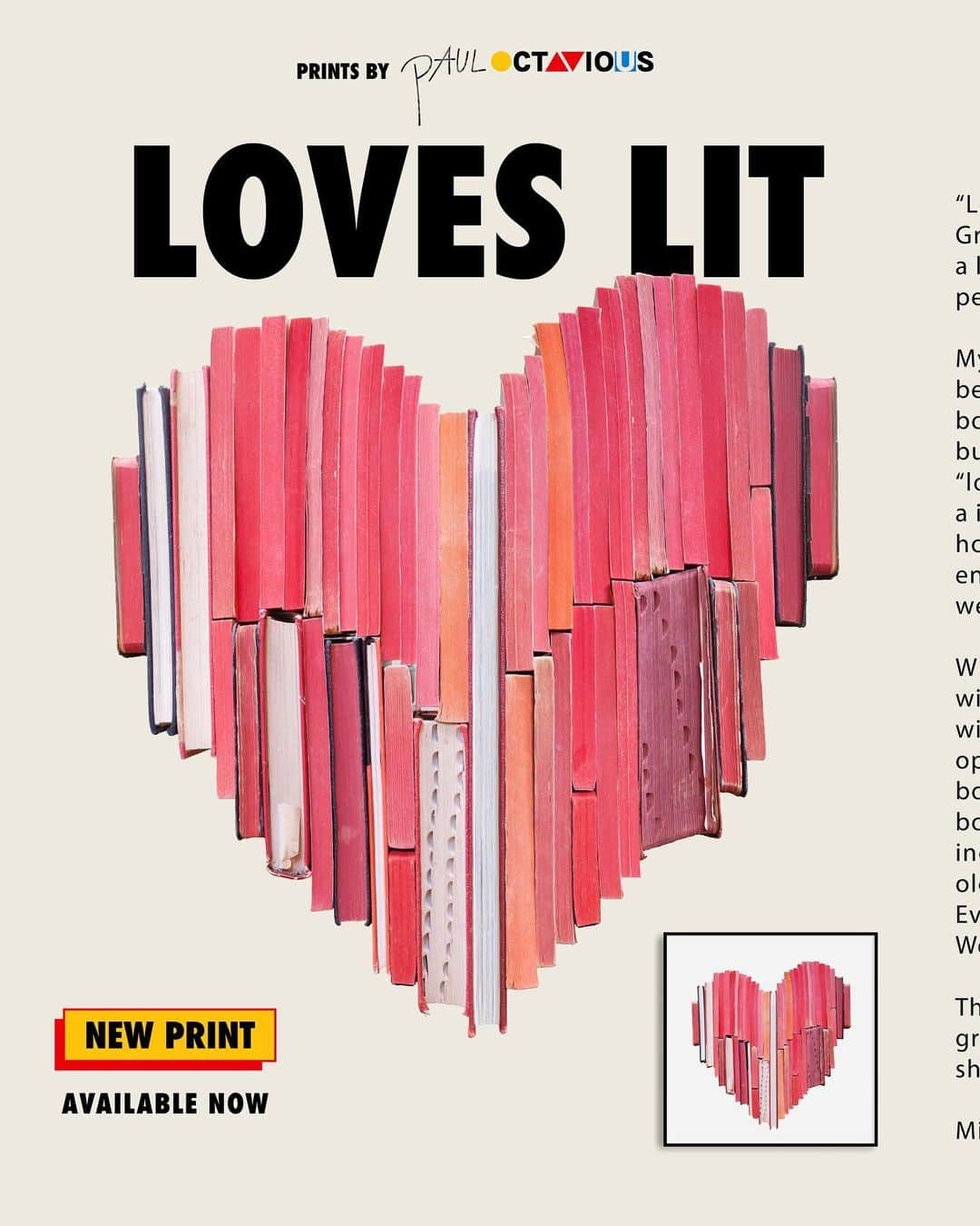 Paul Octaviousのインスタグラム：「My latest print is a tribute to my Grandma Brown.   Featuring a heart made of books from her personal collection. My Grandma Brown had a beautiful bookcase filled with red books. We never saw her read them, but we knew the books to be her “love stories,”  At one point, seeing a illustrated cover of Scottish strong man holding a damsel in distress was enough for me to believe these books were not for me... or were they!  When my Grandma was diagnosed with Alzheimer's and moved in with my family, I inherited some of the books. The collection was diverse, including pulp novels, pocket dictionary's old Bibles, hymnals (my grandma was an evangelist) and my Grandpa Jud's westerns.  This piece is a loving tribute to my grandma and all the "love stories" she kept on her shelves. Miss You Gram  Available in 3 sizes  Printed on Museum Quality Paper ❤️Printed in Chicago」