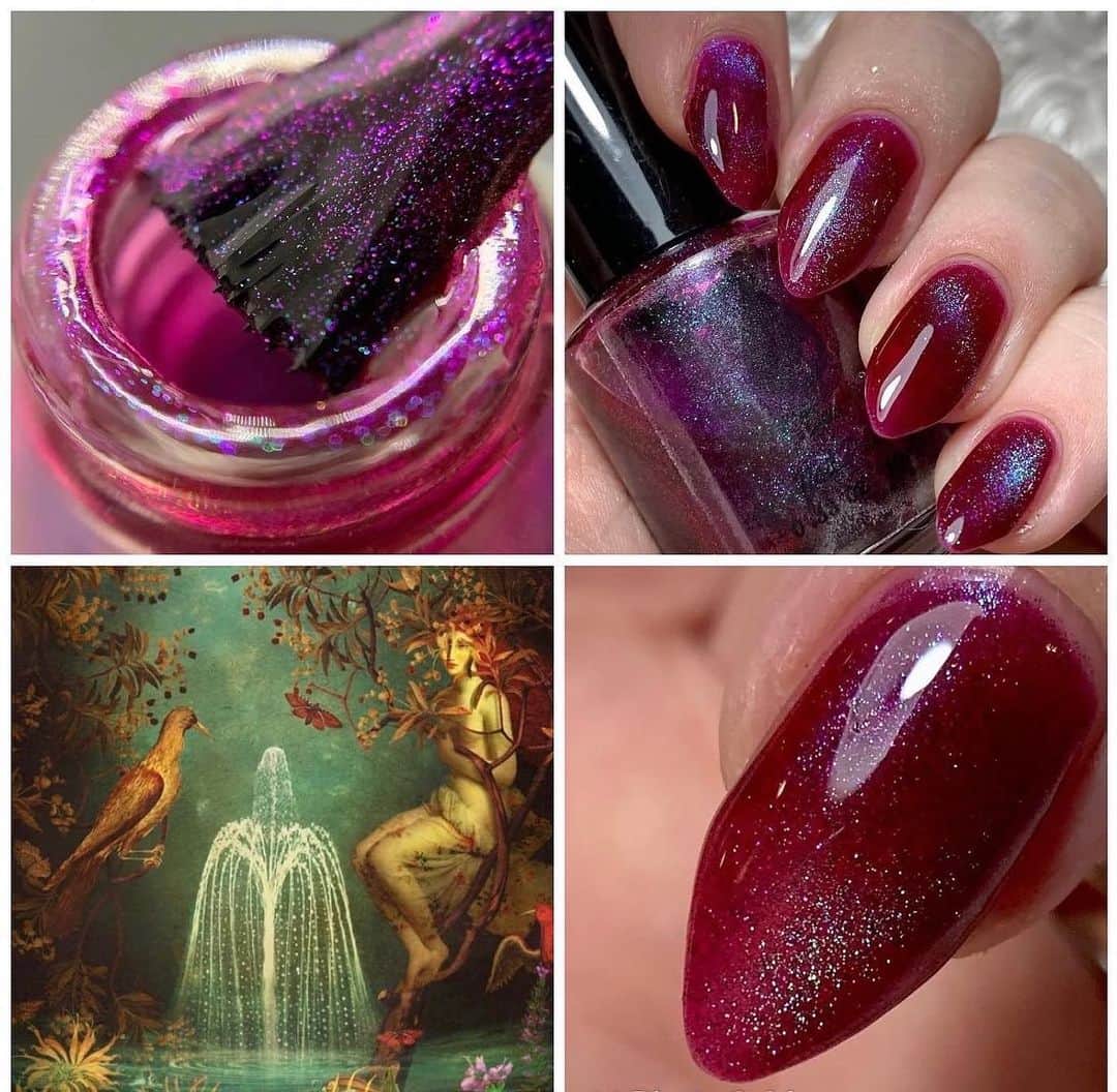 Nail Designsのインスタグラム：「Check out @dewnailpolish Jan contribution to @polishpickup shop!! . Sales Date: Jan 6th-9th . Theme: Greek Mythology  . Polish Name: Fountain of Youth  . A burgundy polish with color shifting magnetic pigment. Shifts from green-purple-blue . Price: $12.50 . Product Size: 10mL . Available: 150」