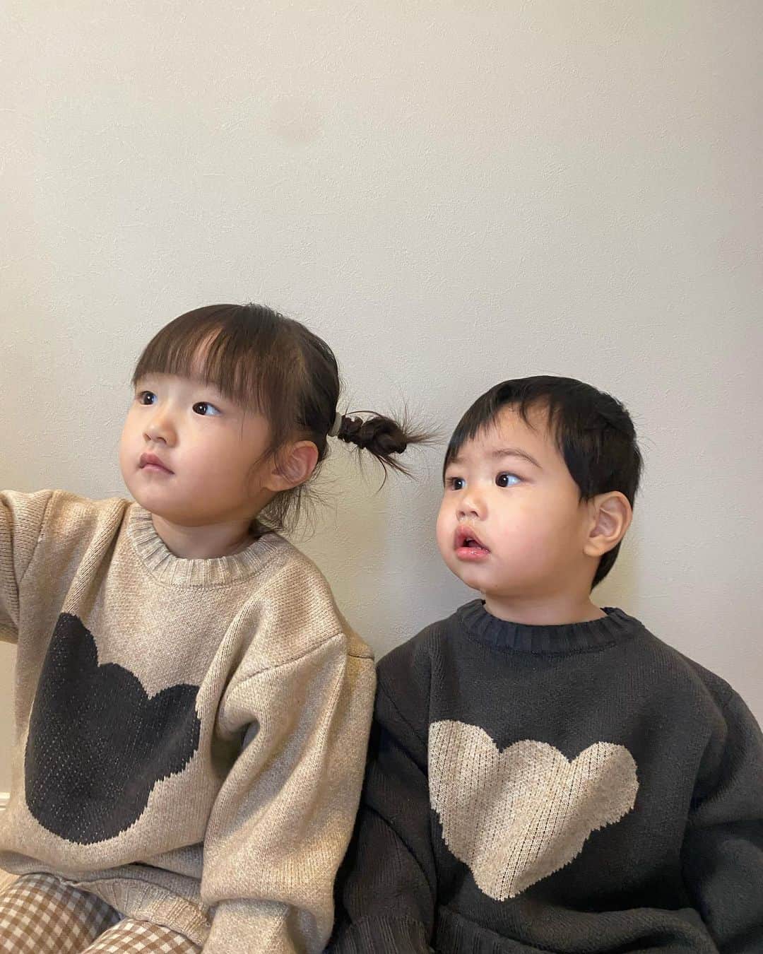 のインスタグラム：「_  リンクコーデ👧🏻👦🏻🤍 息子は100センチを少し長めで着ることが増えたから 洋服の幅もかなり広がってお揃いが増えてく😉💕  母の自己満です。笑 文句言われるまではお揃い楽しもうと🤣💕  お揃いニットは @babyclosets2 🤍  #リンクコーデ#キッズコーデ#ベビー服#ニットコーデ#子供服#兄弟コーデ」