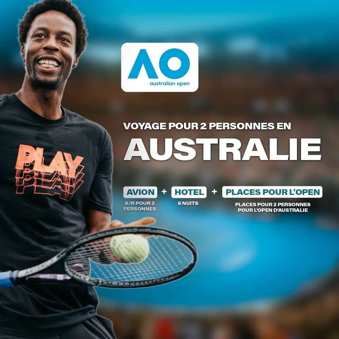 ガエル・モンフィスのインスタグラム：「🎾 GROS GIVEAWAY 🎾  En ce début d’année, j’ai envie de vous gâter et de vous offrir 1 voyage pour 2 personnes en Australie tous frais payés !  ✈️ Vols A/R 🏨 6 nuits d’hôtel  🎾 Places pour l’@AustralianOpen   🚨 Mais à une condition : que 4 français(es) issus des qualifications se qualifient pour le tableau principal de l’Open d’Australie 🚨  On va donc devoir soutenir tous ensemble nos français pour qu’ils aillent le plus loin possible 🙏🏾🇫🇷  Pour participer et tenter de gagner cet énorme cadeau, tout se passe ici ➡️ LIEN EN STORY À LA UNE」