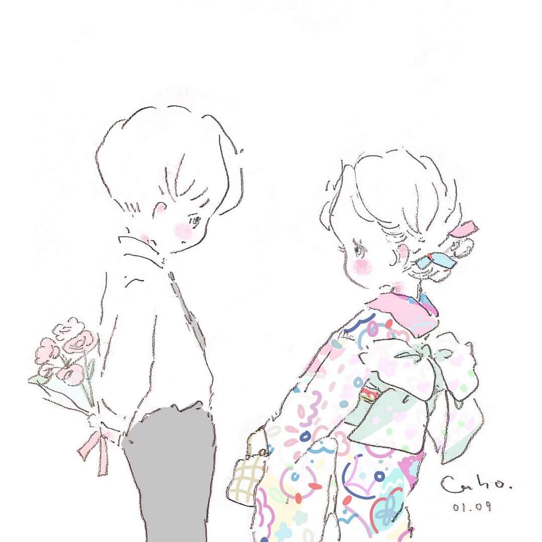 Cahoのインスタグラム：「幼馴染って理由だけじゃ もう隣にいられないから  💐新成人の皆様 おめでとうございます♡  #illustration #illust #illustrator #drawing #painting #イラスト#イラストレーター#成人式#振袖」