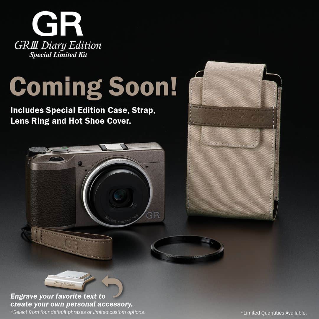 Ricoh Imagingのインスタグラム：「Ricoh announces RICOH GR III Diary Edition Special Limited Kit!  This package features the RICOH GR III premium digital compact camera with a metallic, warm-gray finish. The Kit includes exclusive, specially-designed accessories including a leather finger strap, identical in color to the camera body; a ring cap and metallic hot shoe cover, both finished in a natural silver color; and a camera case made of unbleached sailcloth with a leather accent.  The RICOH GR III Diary Edition debuts a new image-control mode that provides a negative-film finishing touch. This new mode, which will also be available for RICOH GR III and RICOH GR IIIx series models via firmware update, produces an exquisite balance between rich colors and the unique discoloration common in prints produced from negative film.」