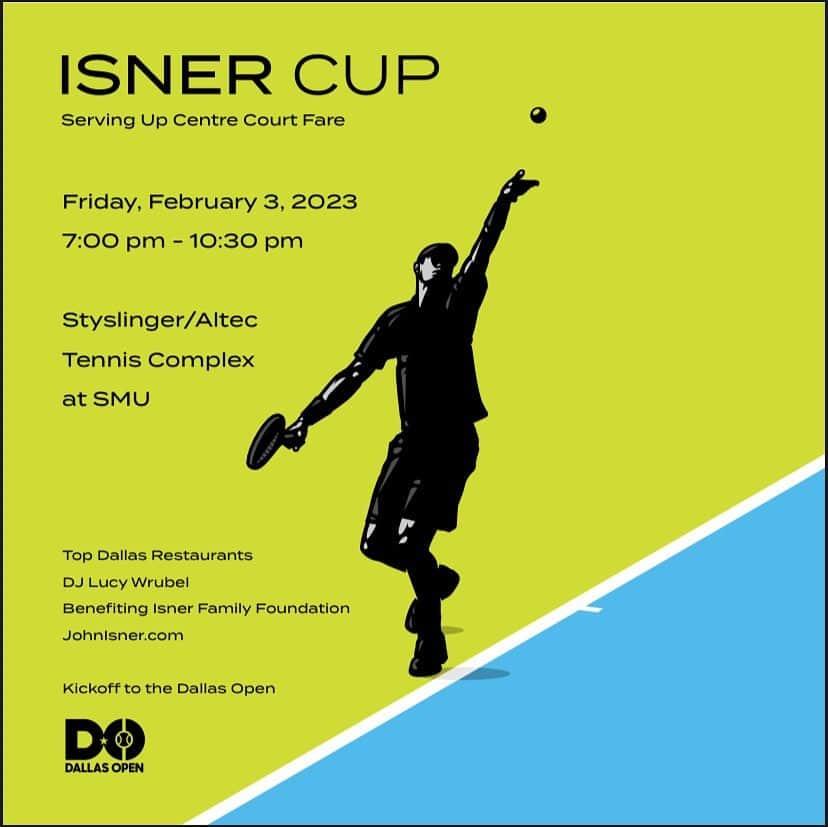 ジョン・イスナーのインスタグラム：「Join me as we serve up centre court fare to kick off the @dalopentennis at the Isner Cup on February 3rd. We have INCREDIBLE restaurant partners that will be serving your favorite Dallas dishes so we can continue to support families in need at @childrens . Visit johnisner.com in my bio to purchase tickets/sponsorships.」