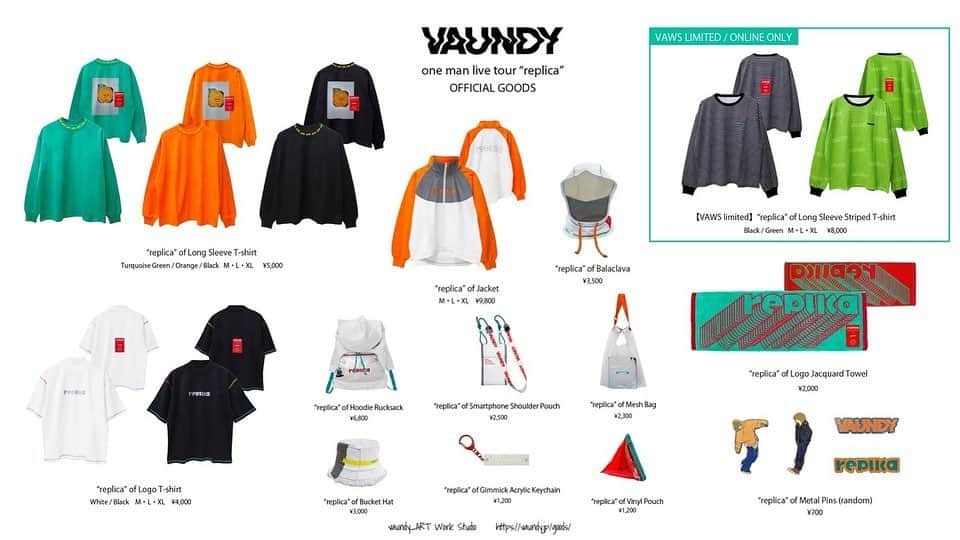 Vaundyさんのインスタグラム写真 - (VaundyInstagram)「#vaundy   one man live tour "replica" OFFICIAL GOODS 公開🛒  会場では"replica"グッズのほか、定番アイテムの販売も🙌🏻✨  グッズ/販売詳細は公式サイトをご確認ください 👉🏻 vaundy.jp/news/detail/10…  🪡All produced by Vaundy  #photo_by_vaundy  #vaundygoods  #replica」1月10日 21時08分 - vaundy_engawa