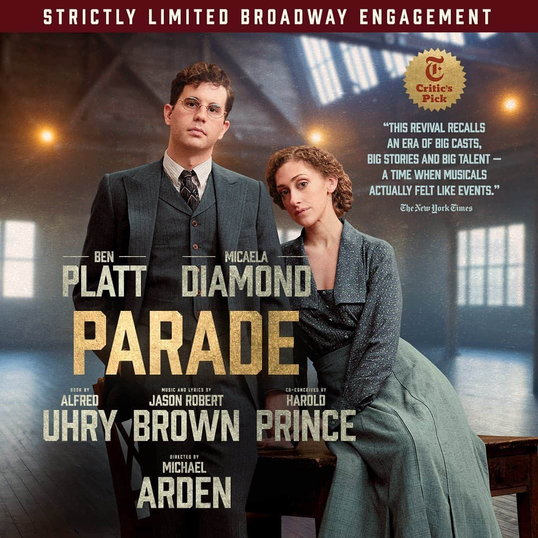 ベン・プラットのインスタグラム：「I am honored beyond words to finally return to Broadway in this beloved show. It’s a privilege to tell Leo’s story at this very moment, especially alongside @micaela_diamond. Tickets are now on sale, I hope to see you there! @paradebway」